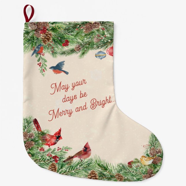 Winter Wonderland of Pines, Pinecones & Birds Large Christmas Stocking (Front)