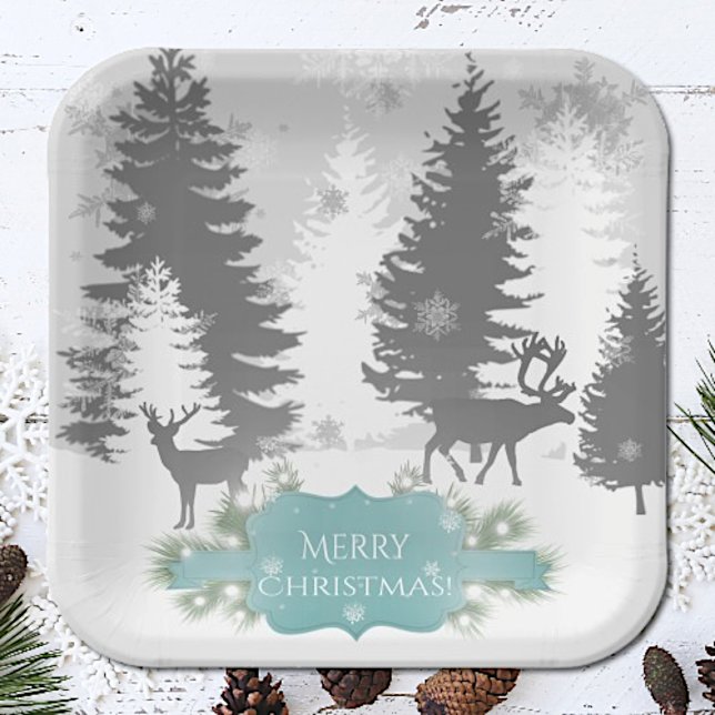 Winter Wonderland Paper Plate - Teal (Teal Winter Wonderland Christmas Paper Plates)
