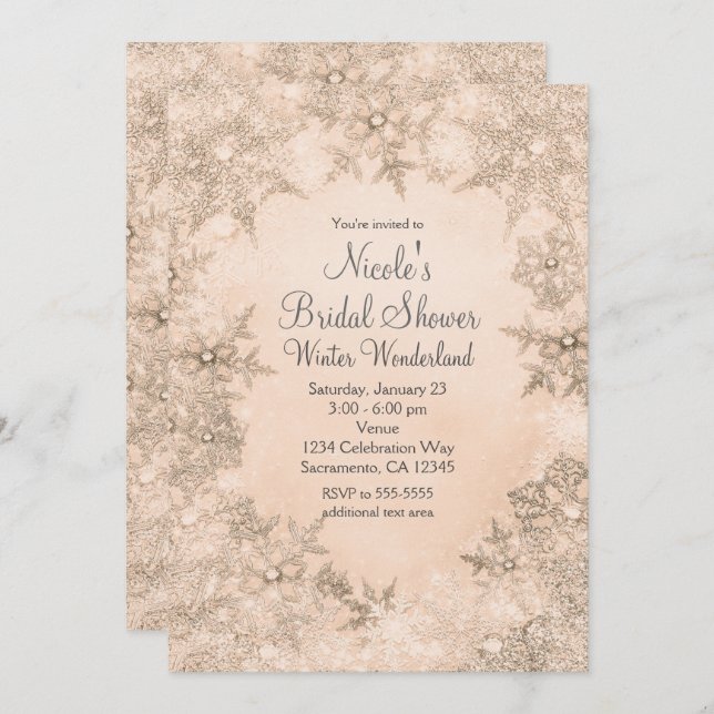 Winter Wonderland Peachy Cream Elegant Snowflakes Invitation (Front/Back)