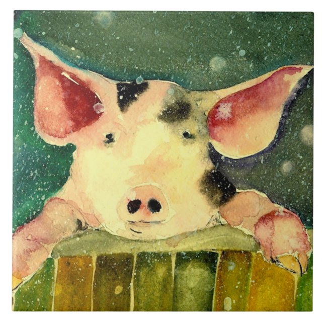 Winter Wonderland Pig Ceramic Kitchen Tile (Front)