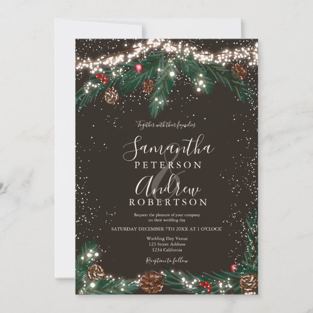 Winter wonderland pine snow photo script wedding invitation (Front)