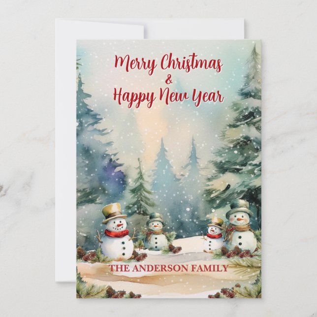 Winter Wonderland: Pine Trees and Snowmen  Holiday Card (Front)