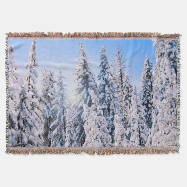 Winter Wonderland Pine Trees in Snow Throw Blanket (Front)