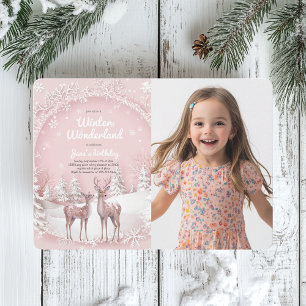Winter Wonderland Pink and Deer  Photo Birthday  Invitation