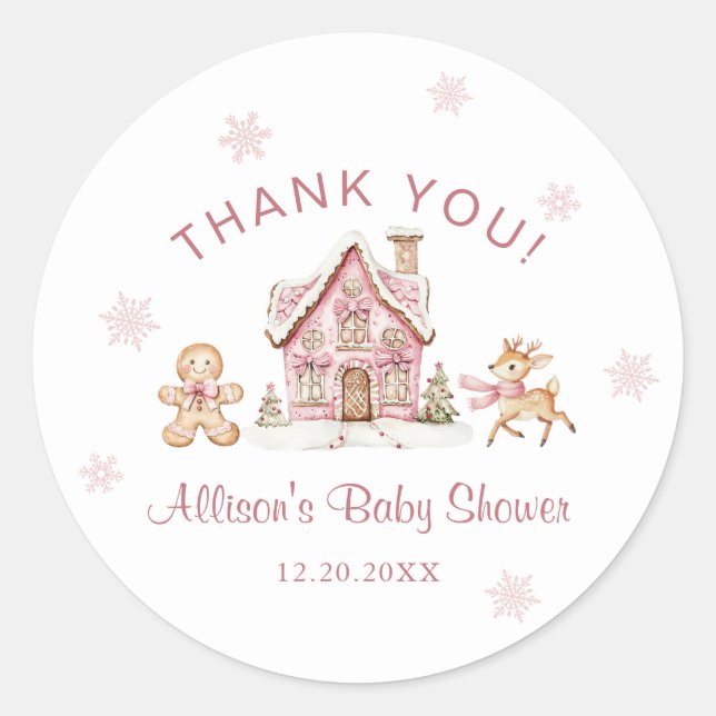 Winter Wonderland Pink Baby Shower Thank You Classic Round Sticker (Front)