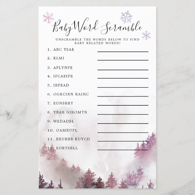 Winter Wonderland Pink Baby Word Scramble Game (Front)