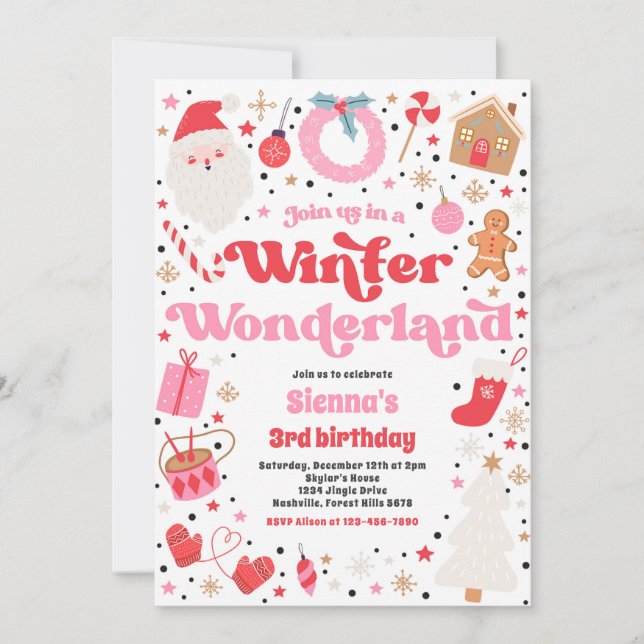 Winter Wonderland Pink Christmas Birthday Party Invitation (Front)