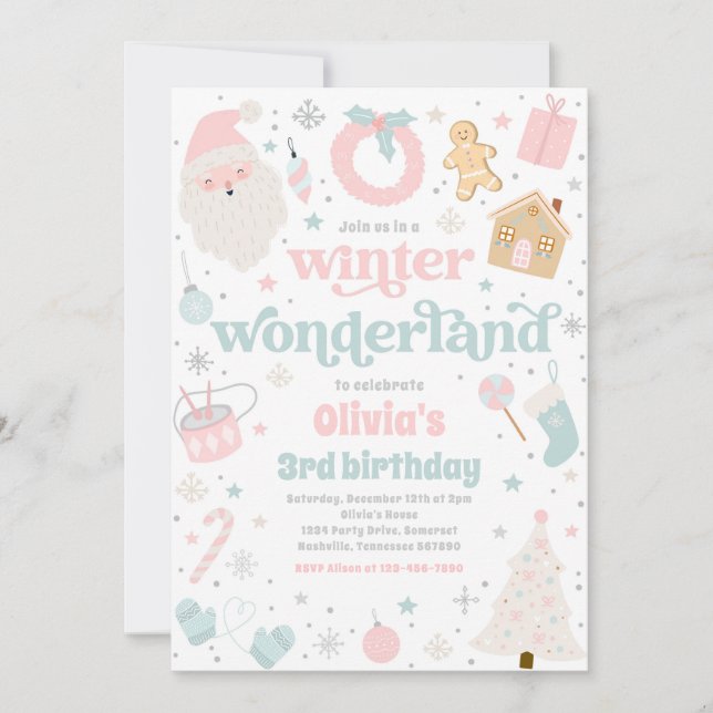 Winter Wonderland Pink Christmas Birthday Party Invitation (Front)