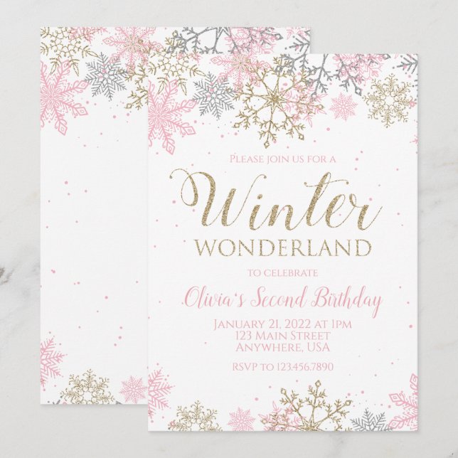 Winter Wonderland Pink Gold Snowflake Birthday Invitation (Front/Back)