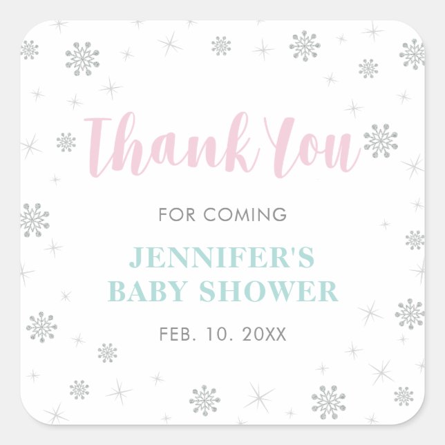 Winter wonderland, Pink & Mint Baby Shower Favour Square Sticker (Front)