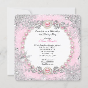 Winter Wonderland Pink Pearl Snowflake Birthday Invitation