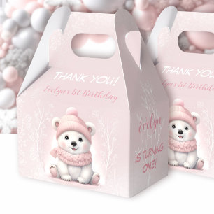 Winter Wonderland Pink Polar Bear 1st Birthday Favour Box