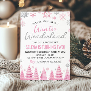 Winter Wonderland Pink Snowflake 2nd Birthday Invitation