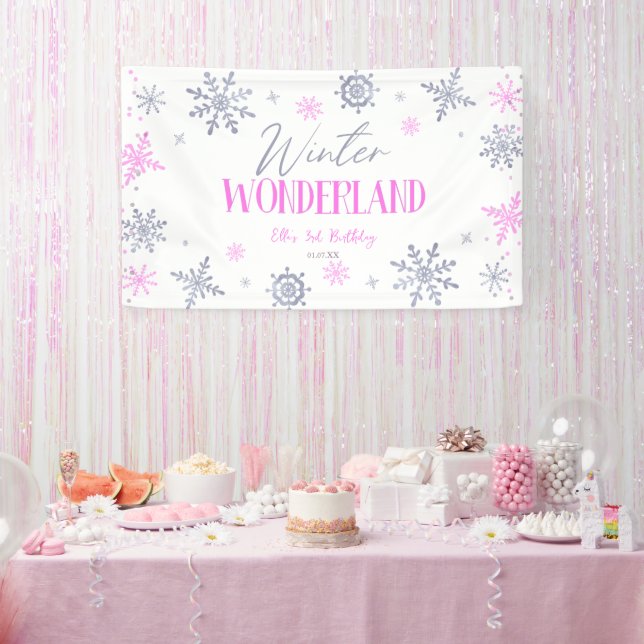 Winter Wonderland Pink Snowflake Birthday Party Banner (Party)