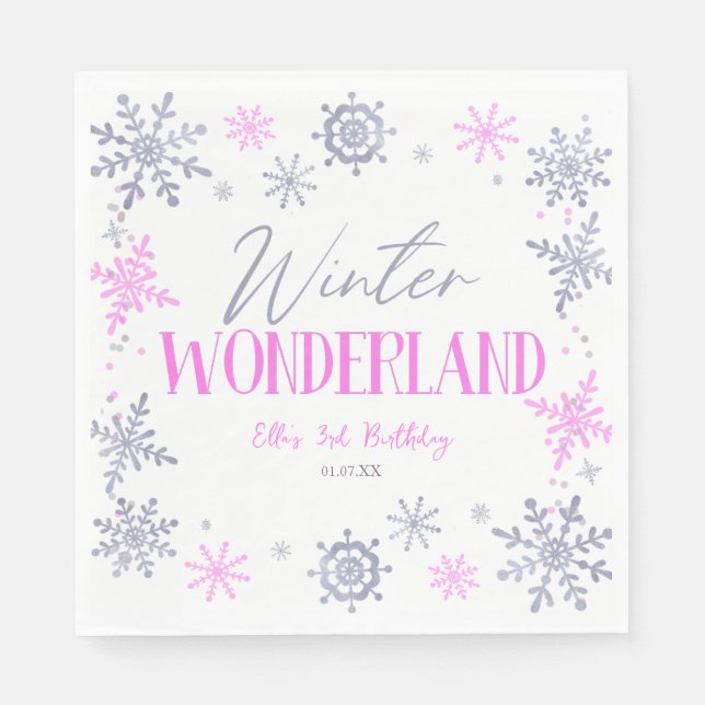 Winter Wonderland Pink Snowflake Birthday Party Napkin (Front)