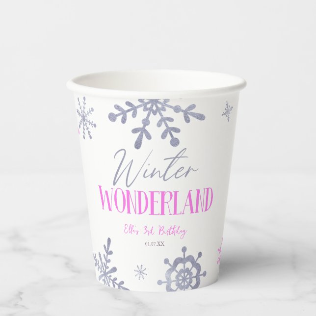 Winter Wonderland Pink Snowflake Birthday Party Paper Cups (Front)