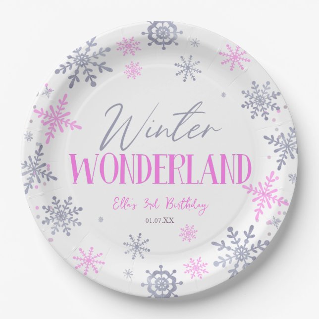 Winter Wonderland Pink Snowflake Birthday Party Paper Plate (Front)