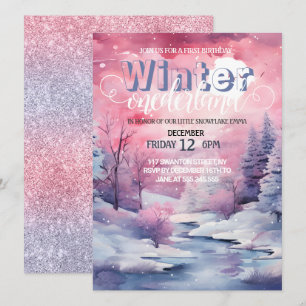 Winter Wonderland Pink Watercolor with Glitter Invitation