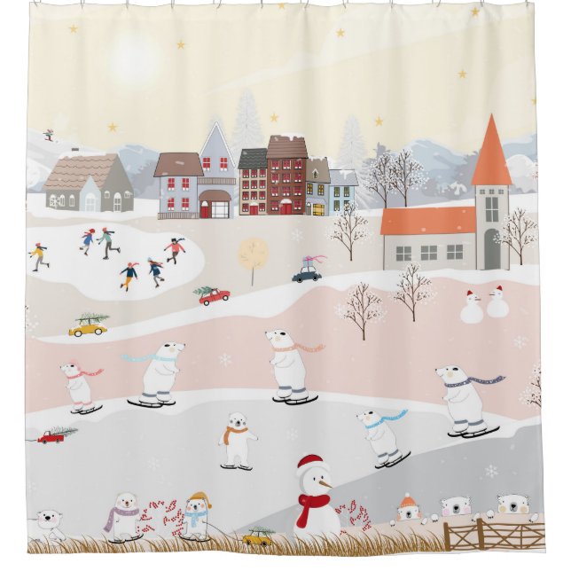 Winter Wonderland Polar Bear City Shower Curtain (Front)