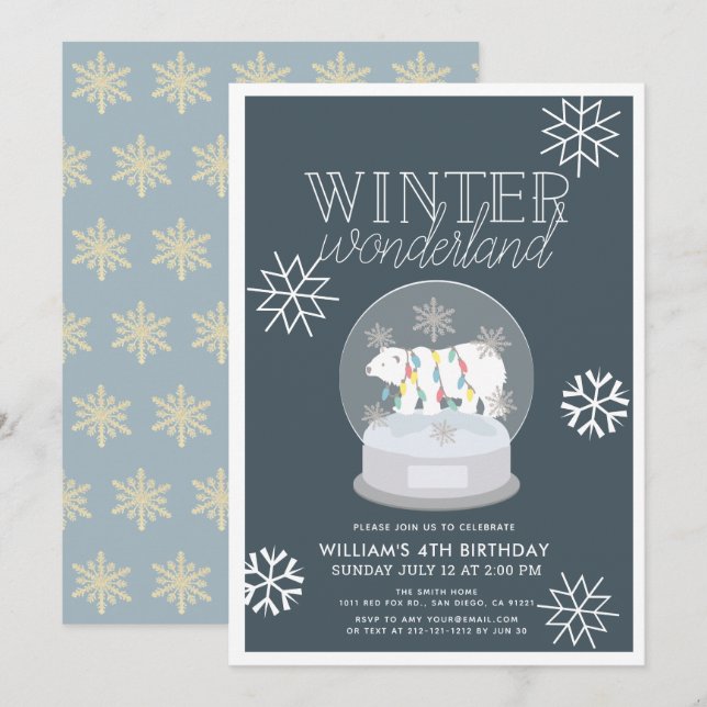Winter Wonderland Polar Bear Navy Birthday Invitation (Front/Back)