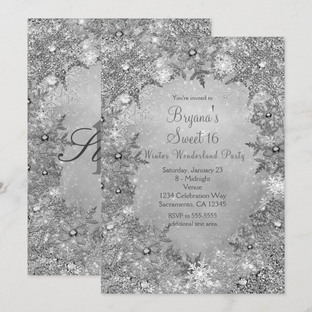 Winter Wonderland Pure Silver Elegant Snowflakes Invitation (Front/Back)