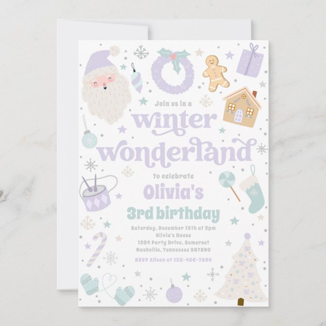 Winter Wonderland Purple Christmas Birthday Party Invitation (Front)