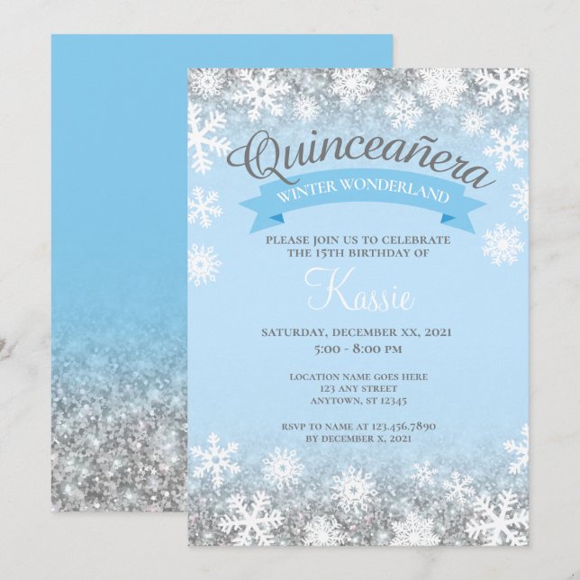 Winter Wonderland Quinceañera 15th Birthday Silver Invitation (Front/Back)