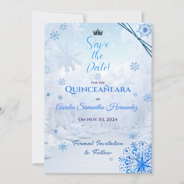 Winter Wonderland Quinceañera Save the Date (Front)