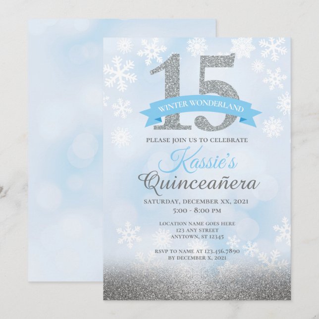 Winter Wonderland Quinceañera Silver Blue Birthday Invitation (Front/Back)