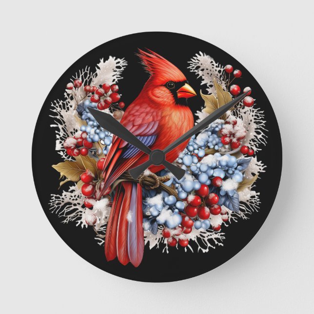 Winter Wonderland Red Cardinal Round Clock (Front)