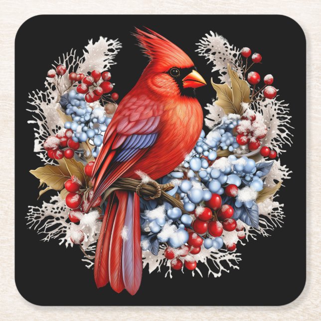 Winter Wonderland Red Cardinal Square Paper Coaster (Front)