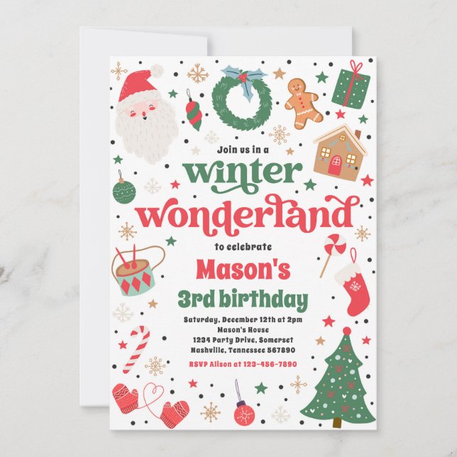 Winter Wonderland Red Christmas Birthday Party Invitation (Front)