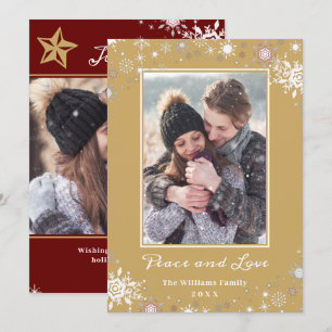 Winter Wonderland Red Gold Peace and Love 2 Photo Holiday Card