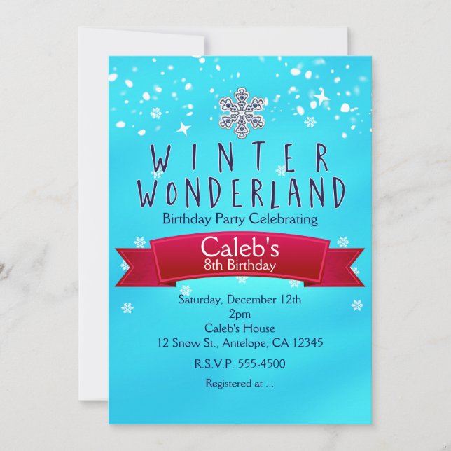 WINTER WONDERLAND Red Ribbon Party Invitation (Front)