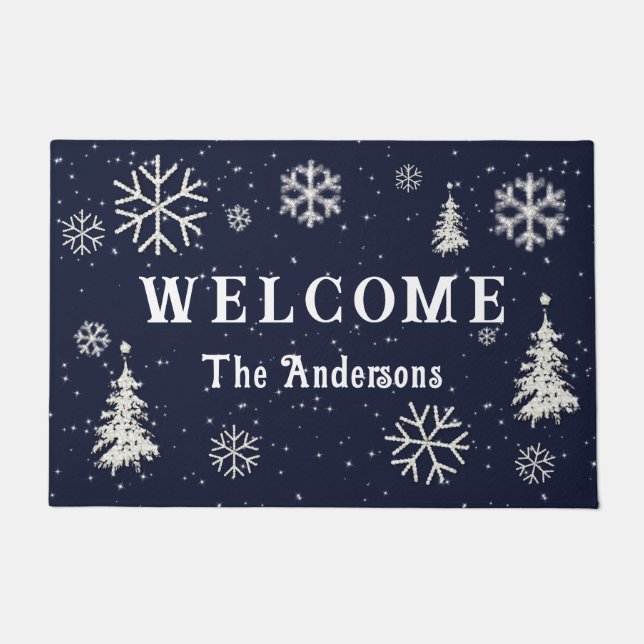 Winter Wonderland Rhinestones Navy Welcome Family Doormat (Front)