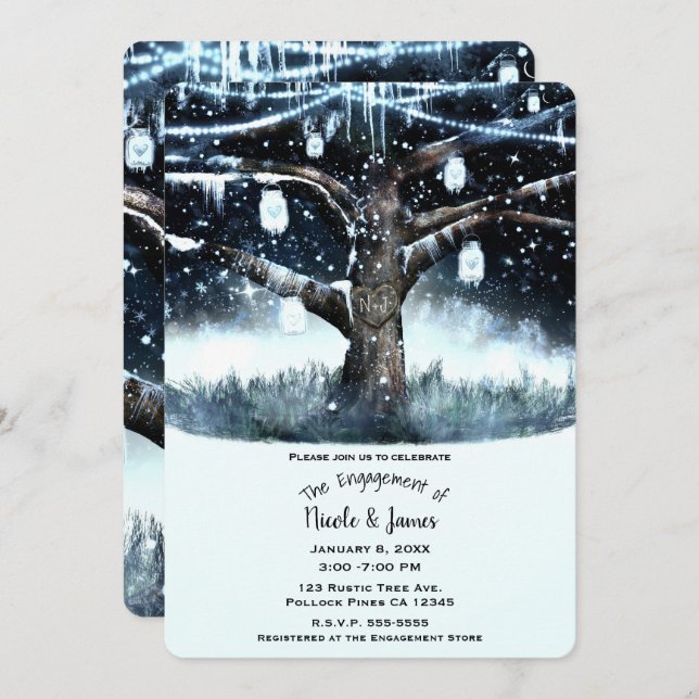 Winter Wonderland Rustic Tree Lights Engagement Invitation (Front/Back)