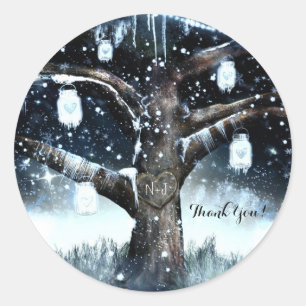 Winter Wonderland Rustic Tree Lights Mason Jars Classic Round Sticker
