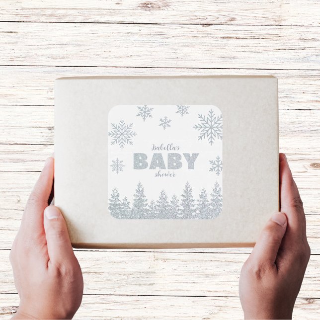 Winter Wonderland Silver Glitter Baby Shower Square Sticker (winter wonderland baby shower favors sticker silver glitter woodland)