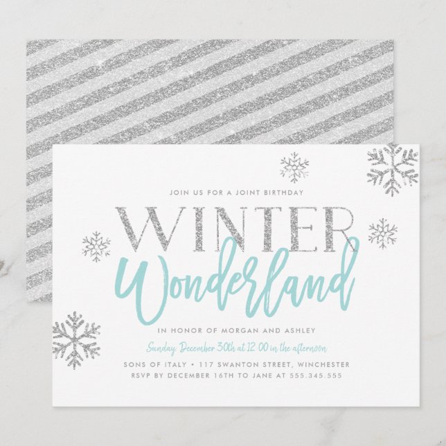 Winter Wonderland Silver Glitter Blue Birthday Invitation (Front/Back)