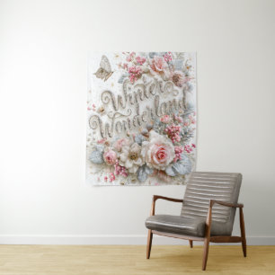 Winter Wonderland Silver Glitter Pink Roses Tapestry