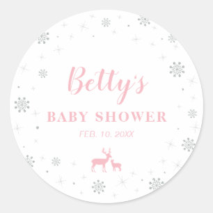 Winter wonderland, Silver & Pink Baby Shower Classic Round Sticker