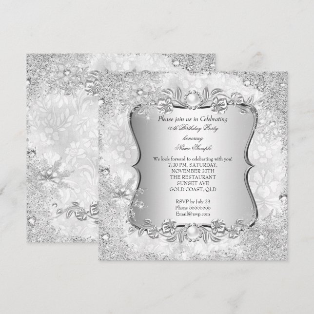 Winter Wonderland Silver Snowflake Birthday Invitation (Front/Back)