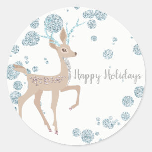 Winter Wonderland Silver Sparkle Deer Party Favour Classic Round Sticker