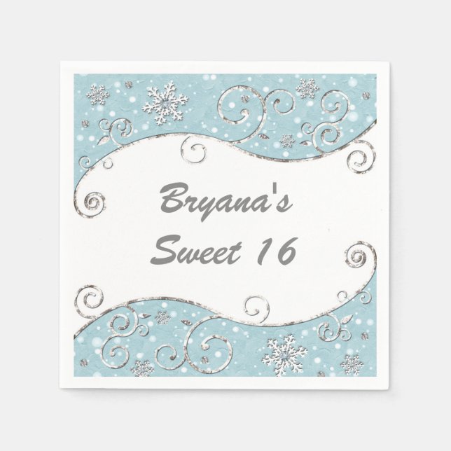 Winter Wonderland Silver Swirls Blue Napkin (Front)
