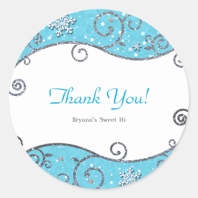 Winter Wonderland Silver Swirls Bright Blue Classic Round Sticker (Front)