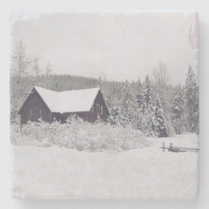 Winter Wonderland Snow and Cabin Scene Coaster