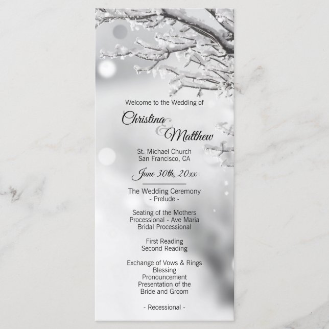 Winter Wonderland Snow Wedding Ceremony Programme (Front)