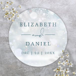 Winter Wonderland Snow Wedding Favour Classic Round Sticker<br><div class="desc">Elegant winter wonderland snow wedding sticker personalised with your names and special date. Designed by Thisisnotme©</div>