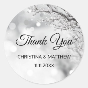 Winter Wonderland Snow Wedding THANK YOU Classic Round Sticker