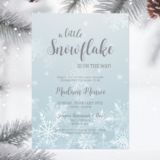 Winter Wonderland Snowflake Baby Shower Invitation (A Little Snowflake is on the way Baby Shower Invitation, Blue Winter Wonderland Invite, Script)